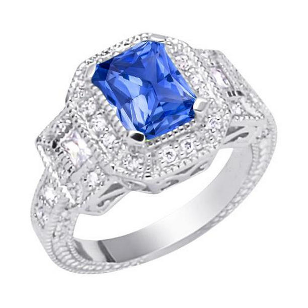 68350 Halo Diamond Radiant 2.50 CT Vintage Style Baguettes Sapphire Ring, Size 6.5