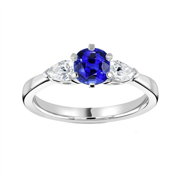 68351 1.25 CT Three Stone Round Blue Sapphire Ring & Pear Diamonds, Size 6.5