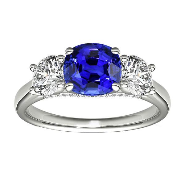 68355 Three Stone Cushion Blue 2.50 CT Diamond Sapphire Ring, Size 6.5