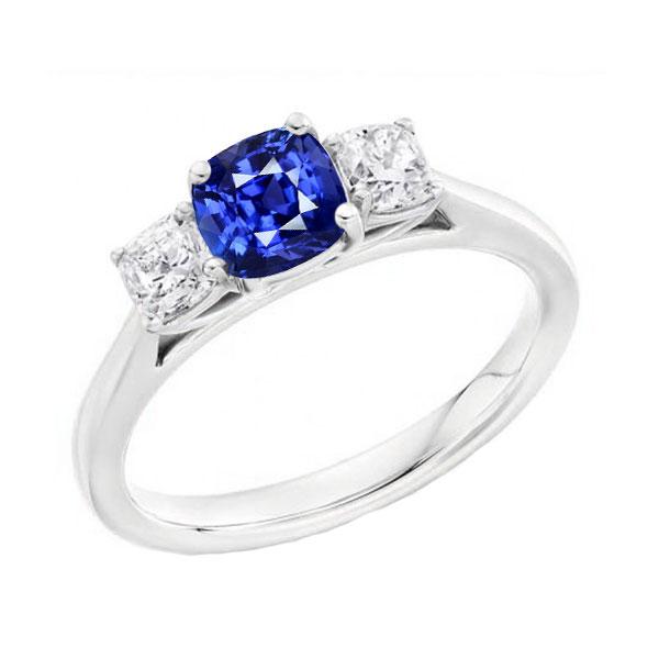 68357 2 CT Blue Sapphire Three Stone Ring & Cushion Diamonds, 14K Gold - Size 6.5