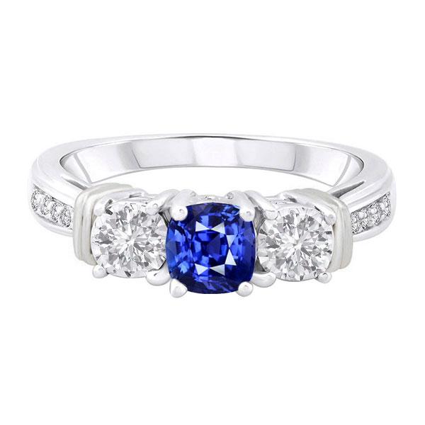 68363 Gold Gemstone Cushion 2.50 CT 3 Stone Style Diamond Sapphire Ring, Size 6.5