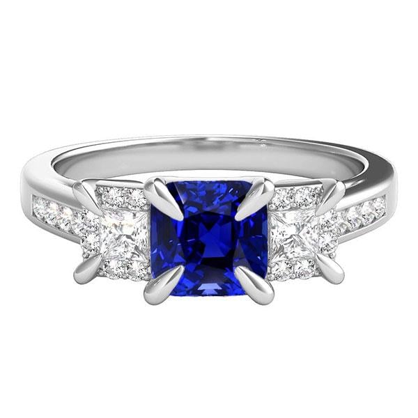 3.50 CT Cushion Sapphire Princess Prong Set Diamonds Gemstone Ring, Size 6.5