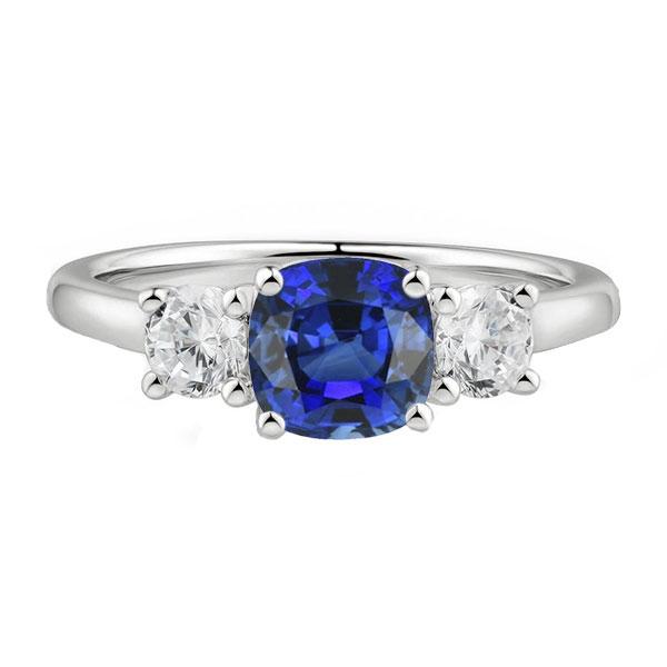 68365 2.50 CT White Gold 3 Stone Cushion Ceylon Sapphire Ring, Size 6.5