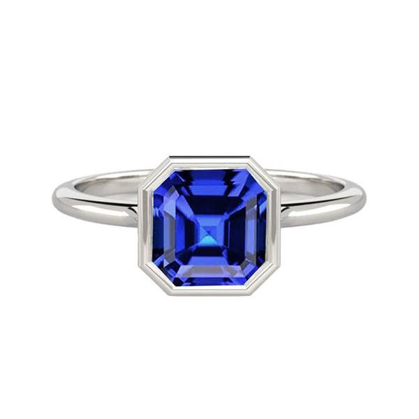 68758 2 CT White Gold Asscher Bezel Set Blue Sapphire Solitaire Ring, Size 6.5