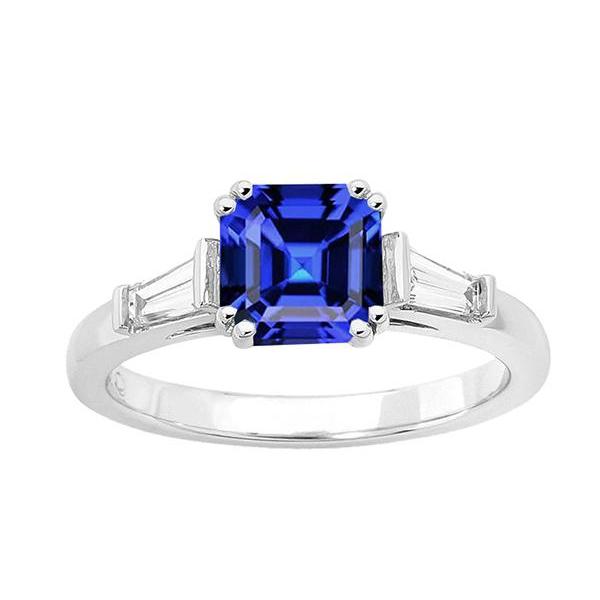 68759 Gold Three Stone Asscher 2.50 CT Baguette Diamonds Sapphire Ring, Size 6.5
