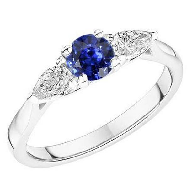 68764 1.50 CT Pear Diamond Three Stone Round Natural Blue Sapphire Ring, Size 6.5