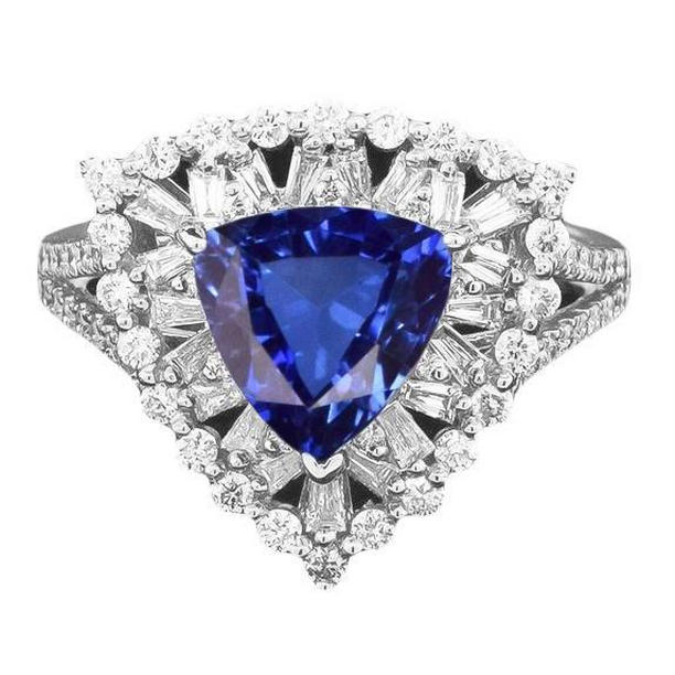 3.50 CT Double Halo Trillion Baguette Diamonds Sapphire Ring, Size 6.5