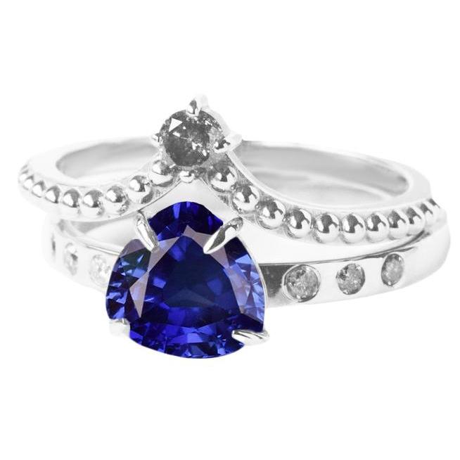 68772 2 CT Diamond Set Trillion Natural Blue Sapphire Wedding Ring, Size 6.5