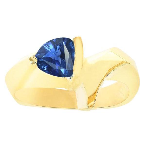 68780 1 CT Yellow Gold Trillion Shaped Ceylon Sapphire Gemstone Ring, Size 6.5