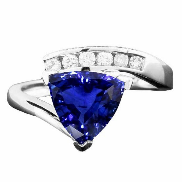 68784 2 CT Round Diamond Trillion Blue Sapphire Ring Tension Channel Set, Size 6.5