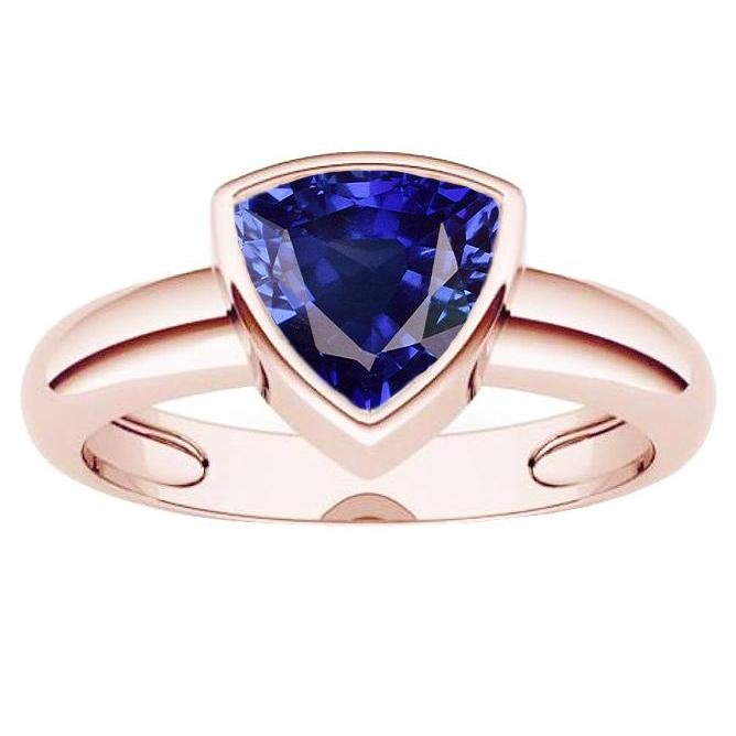 68805 Rose Gold 2 CT Blue Sapphire Bezel Set Trillion Cut Solitaire Ring, Size 6.5