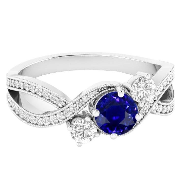 68809 Diamond Sapphire 3.50 CT Twisted Shank Milgrain Gemstone Ring, Size 6.5