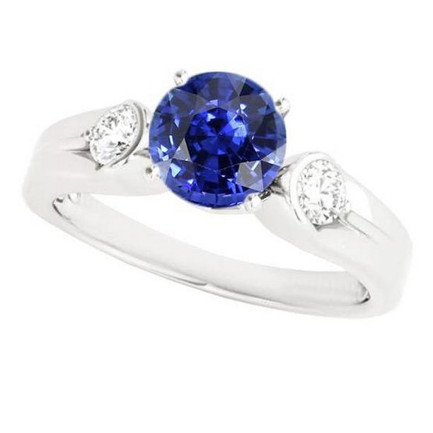 68810 2.50 CT Diamond 3 Stone Sri Lankan Sapphire Round Cut Ring, Size 6.5