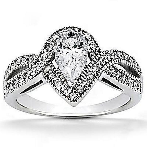 15297 Pear Diamond 1.25 CT Twisted Shank Accent Engagement Ring, 14K White Gold - Size 6.5