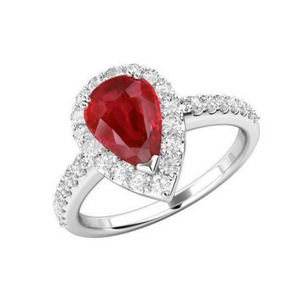 22314 2.5 CT Pear Cut Ruby with 14K White Gold Diamond Ring, Size 6.5