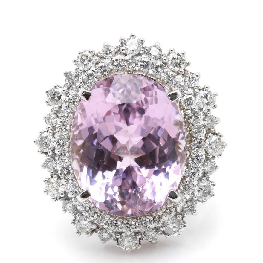 22356 3.50 CT Pink Oval Cut Kunzite with Diamond Ring, 14K White Gold - Size 6.5