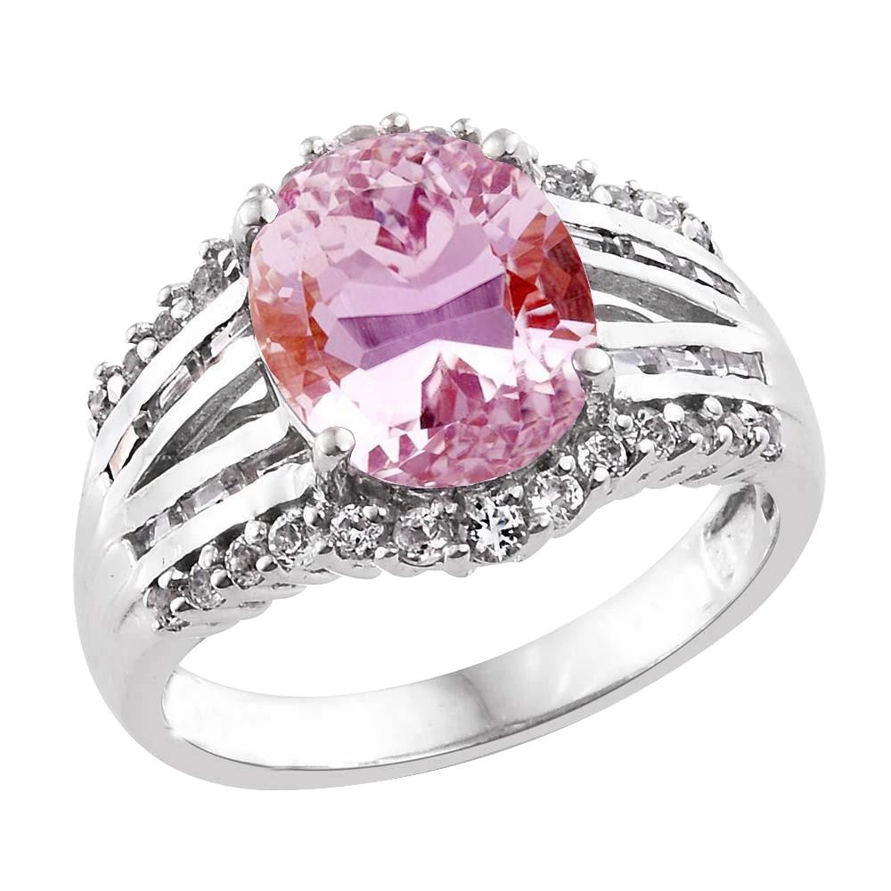 22395 8.50 CT Kunzite & Diamonds Ring Prong Set, 14K White Gold - Size 6.5