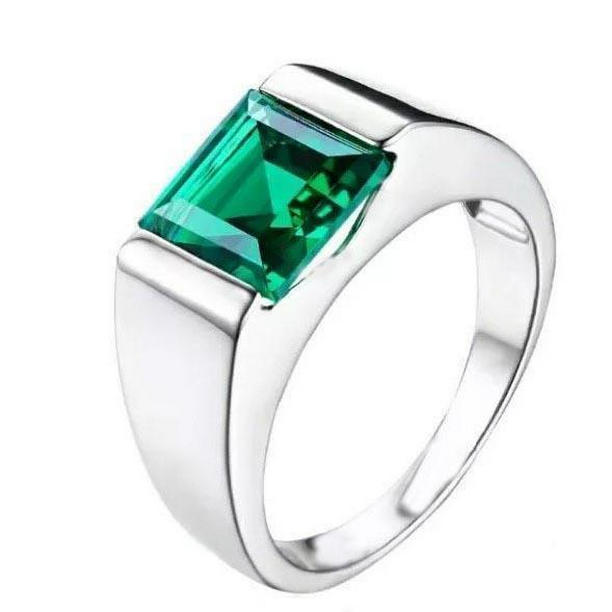 22434 Solitaire 4.50 CT Green Emerald Ring, 14K White Gold - Size 6.5