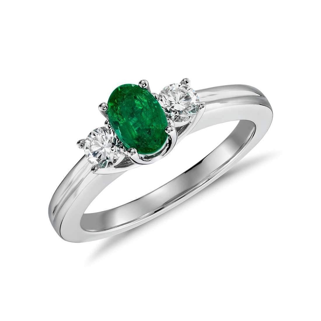 22496 2.50 CT Emerald with Diamond 3 Stone Prong Set Engagement Ring, 14K White Gold - Size 6.5
