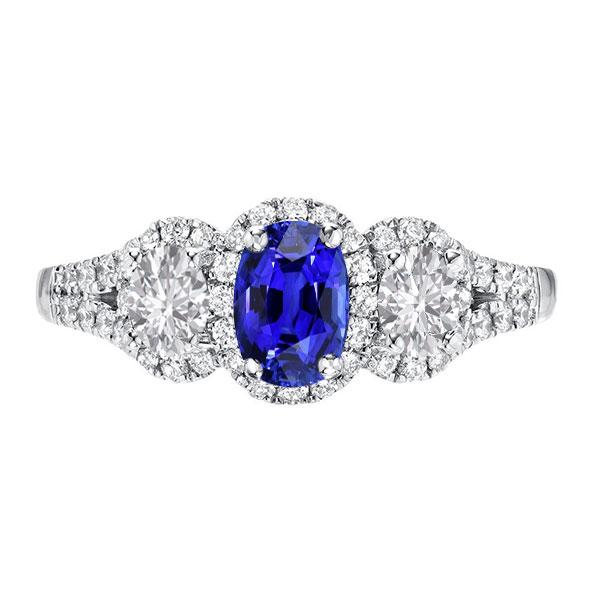 68366 3.50 CT Halo Oval 3 Stone Style Split Shank Sapphire Ring, Size 6.5
