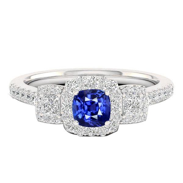 68367 2.50 CT Halo Cushion Princess & Round Diamonds Sapphire Ring, Size 6.5