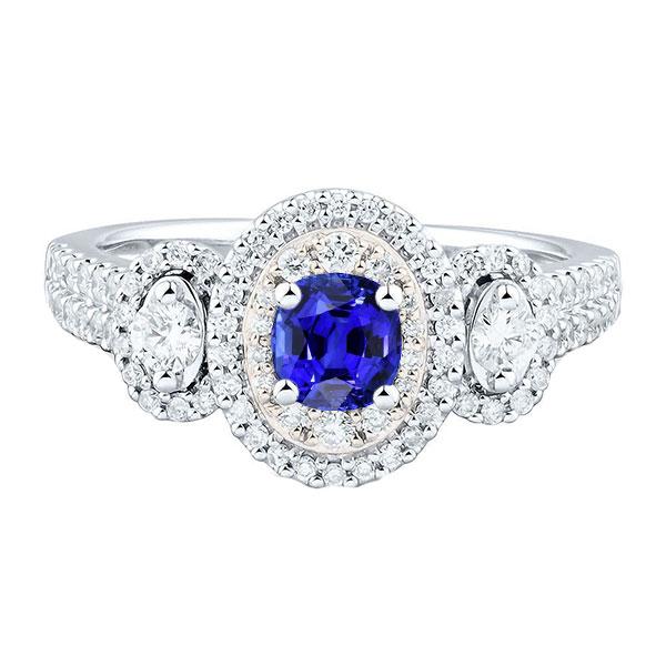 68368 3 CT Double Halo Cushion Split Shank Sapphire Ring, 14K White Gold - Size 6.5