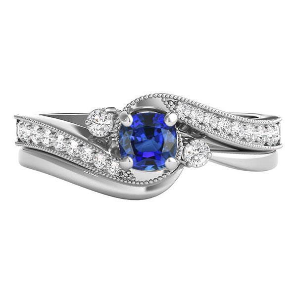 68369 2 CT Diamond Blue Sapphire Set 3 Stone Twisted Style Wedding Ring, Size 6.5