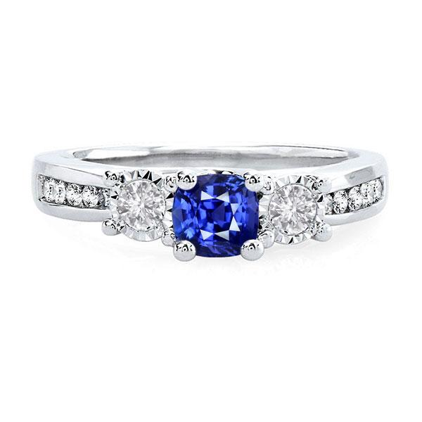 68370 Round Diamond Cushion Sapphire 2 CT 3 Stone Style Gemstone Ring, Size 6.5