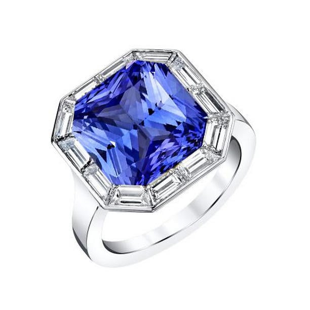 68373 3.50 CT Baguette Diamond Halo Radiant Blue Sapphire Ring, 14K Gold - Size 6.5