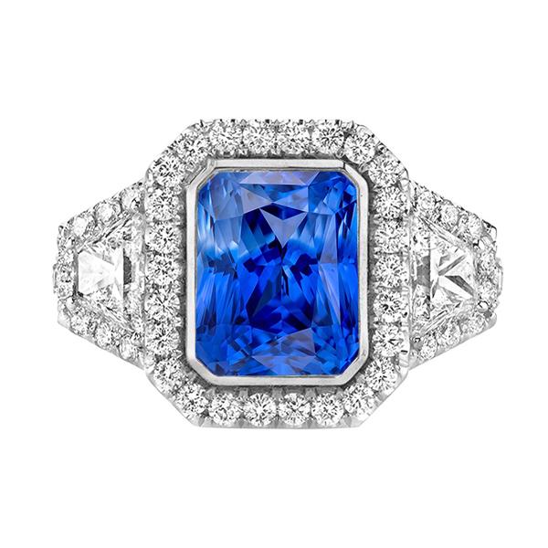 68375 Halo Bezel Set Blue 4.50 CT Trapezoid & Round Diamond Sapphire Ring, Size 6.5