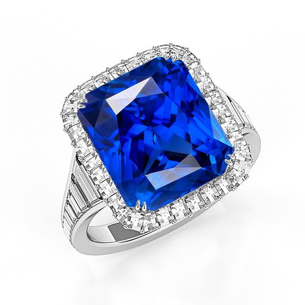 68376 Halo Ceylon Sapphire Radiant Shaped 5 CT Baguette Diamonds Ring, Size 6.5