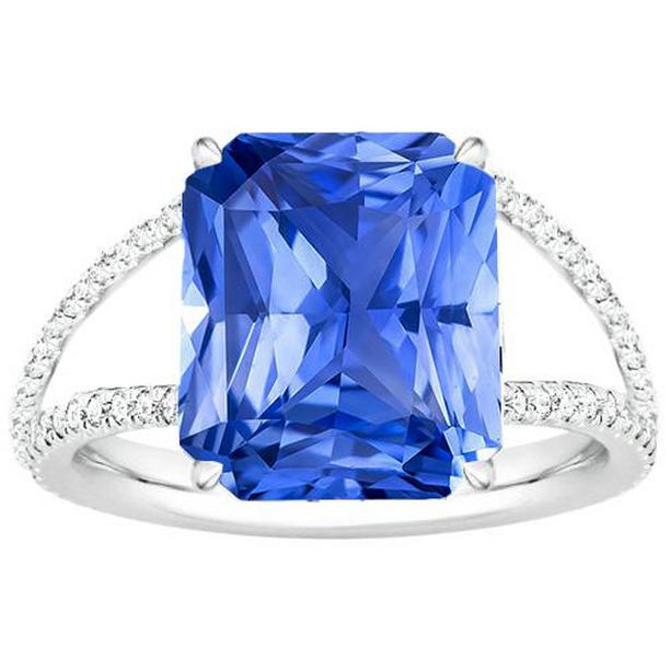 5 CT Radiant Blue Sapphire Split Shank Round Diamond Gemstone Ring, Size 6.5