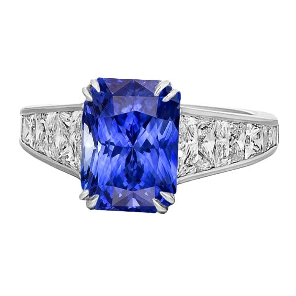 68380 5 CT Radiant Sapphire Channel Set Trapezoid Diamonds Gemstone Ring, Size 6.5