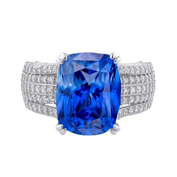 68386 4.50 CT Blue Sapphire Gemstone Cushion Pave Set Diamonds Ring, Size 6.5