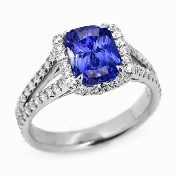 68390 Radiant Halo Ceylon 4.50 CT Split Shank Diamonds Sapphire Ring, Size 6.5
