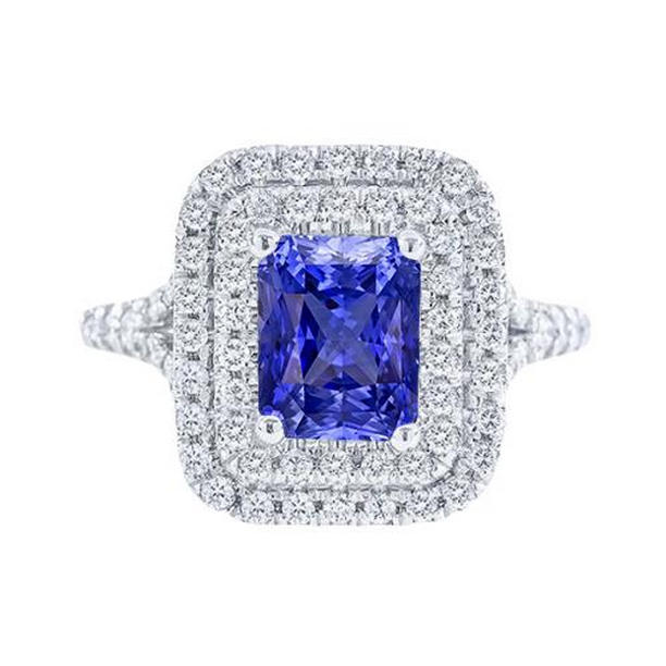 68392 Diamond Double Halo Radiant 4 CT Split Shank Sapphire Ring, Size 6.5