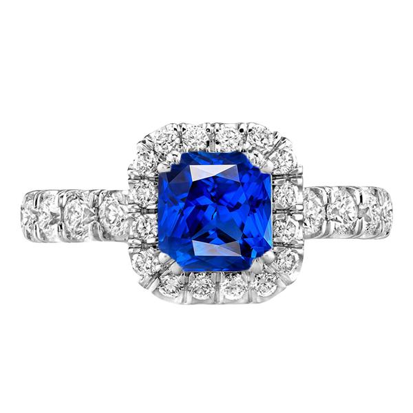 68394 4 CT Round Diamond Halo Radiant Blue Sapphire Ring, 14K White Gold - Size 6.5