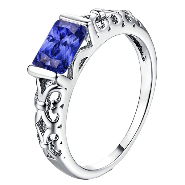 68398 2 CT Solitaire Radiant Bar Set Blue Antique Style Sapphire Ring, Size 6.5