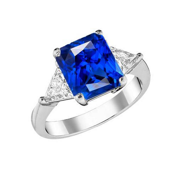 68401 2.50 CT 3 Stone Radiant Sapphire & Trillion Diamonds Ring, Size 6.5