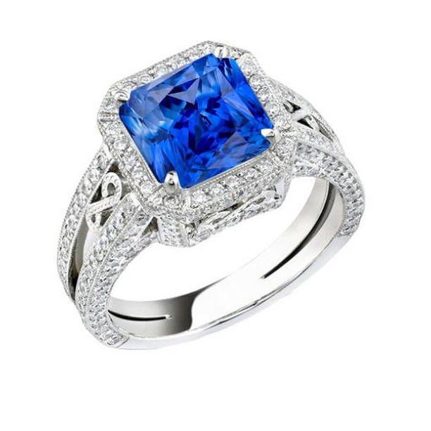 68407 Vintage Style Halo Srilanka Milgrain 3 CT Split Shank Sapphire Ring, Size 6.5