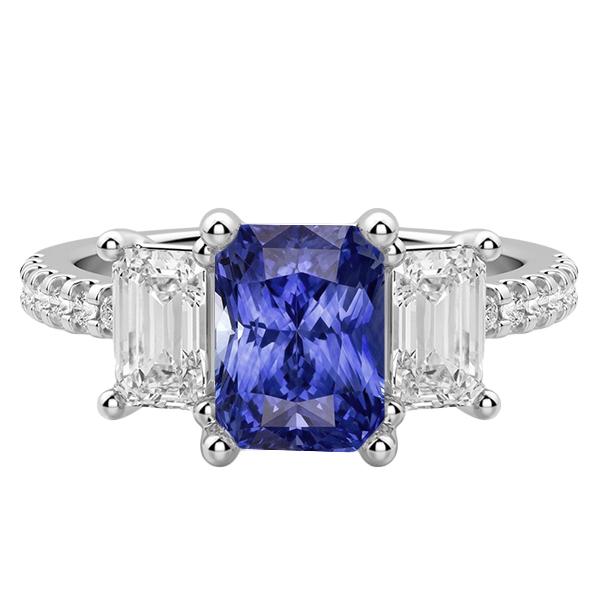 68409 4 CT 3 Stone Style Emerald Diamond Blue Radiant Cut Sapphire Ring, Size 6.5