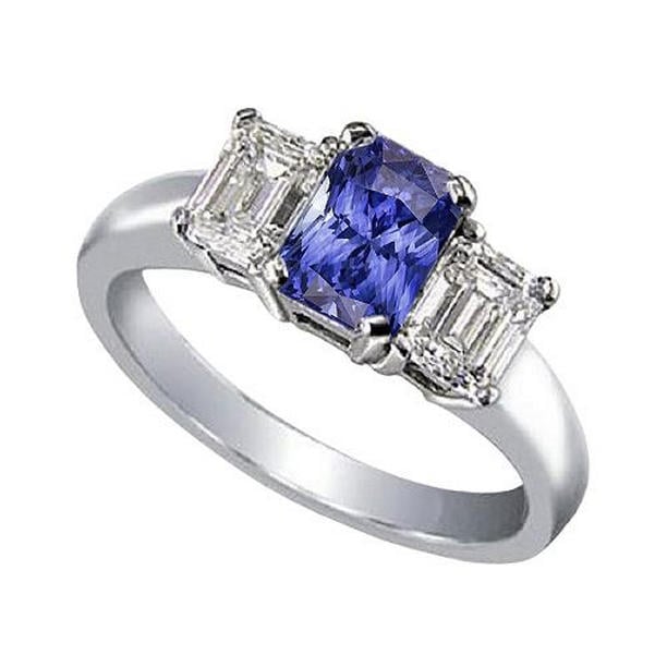 68412 Emerald Diamond 3 Stone 2 CT Blue Sapphire Radiant Cut Ring, Gold - Size 6.5