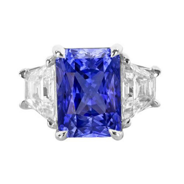 68414 3 Stone Ring Trapezoid Diamond & Ceylon Sapphire 3.50 CT Prong Set, Size 6.5