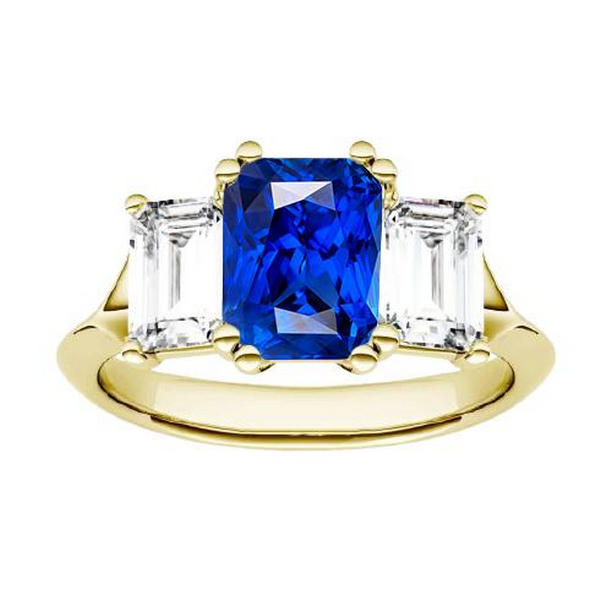 68416 2 CT 3 Stone Emerald Diamond Split Shank Yellow Gold Sapphire Ring, Size 6.5