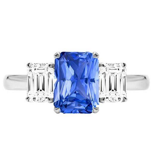 68417 2.50 CT Sapphire Emerald Cut Diamonds 3 Stone Anniversary Ring, Size 6.5