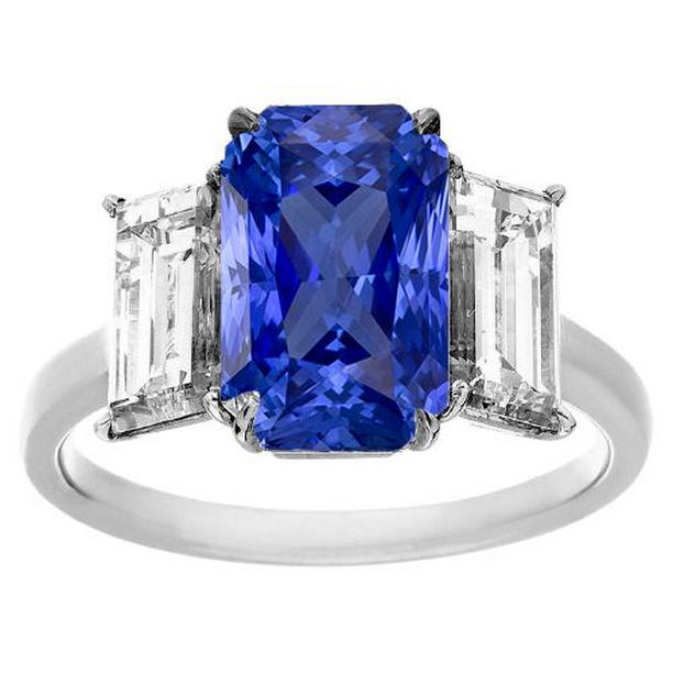 68419 3.50 CT Baguette Diamond 3 Stone Radiant Deep Blue Sapphire Ring, Size 6.5