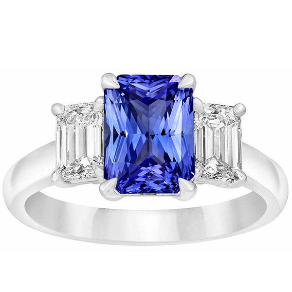 Three Stone Emerald Diamond & Ceylon Sapphire Ring 3 CT Prong Set, Size 6.5
