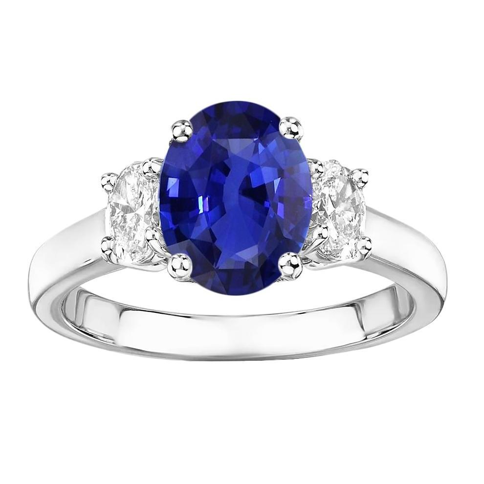 68814 5 CT Oval Diamond 3 Stone White Gold Ceylon Sapphire Gemstone Ring, Size 6.5