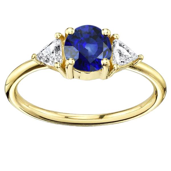Picture of Harry Chad Enterprises 68815 3 Stone Trilliant 2 CT Yellow Gold Ceylon Sapphire Diamond Ring&#44; Size 6.5