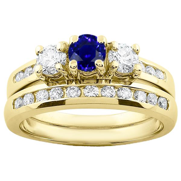 68817 2 CT Womens Yellow Gold Diamond Sapphire Engagement Ring Set, Size 6.5